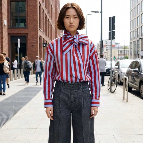 Zara Tops - ZARA BOW NECK STRIPED SHIRT